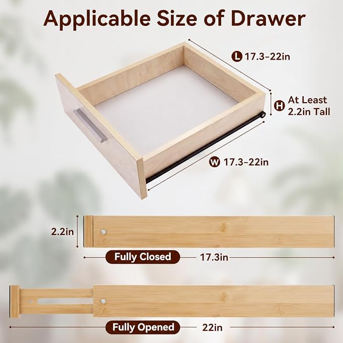 Drawer Dividers,Kitchen Drawer Organizer,2 Pack 17.3''-22'' Adjustable Bamboo Drawer Dividers