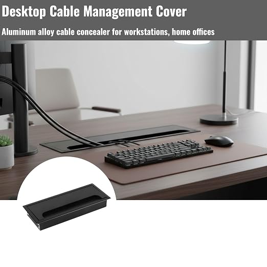 Desktop Cable Management Cover for Desk Organization - Aluminum Alloy Cable Box with Brush Seal (Black, 8.0x20.0x2.8 cm)