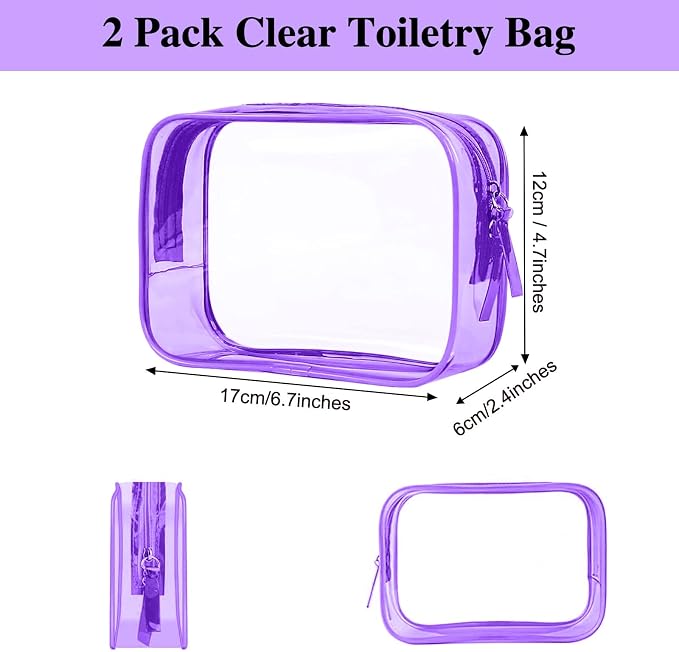 PLULON 2 Pack Clear Travel Toiletry Bag, TSA Approved Toiletry Bag Clear Makeup Bag Quart Size Portable Cosmetic Bags Carry on Travel Accessories Bag for Women Men - Purple