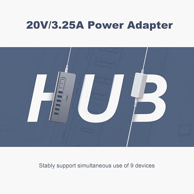 Powered USB Hub 10Gbps, intpw YH6AC 9-Port USB Splitter with USB A/USB C 3.2, 4 USB 3.0, 2 PD 45W Charging Ports, 65W Power Adapter + 3.3FT Cable, Aluminum USB Extender Hub for Laptop, PC,iPhone 17/16