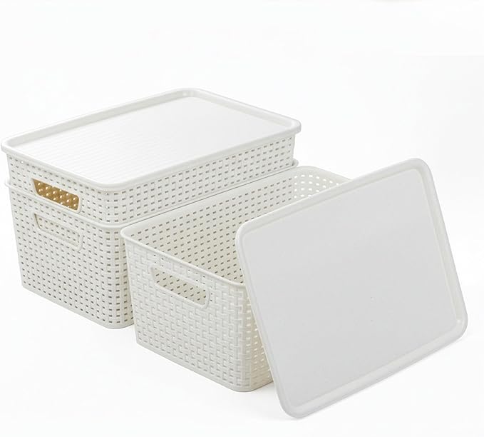 BINO | Plastic Storage Baskets with Lids, 15.5 Liter - 3 Pack, White | THE WOVEN COLLECTION | Storage Basket for Shelves Woven Storage Baskets for Organizing Bins Pantry Shelf Organizer Container Bin