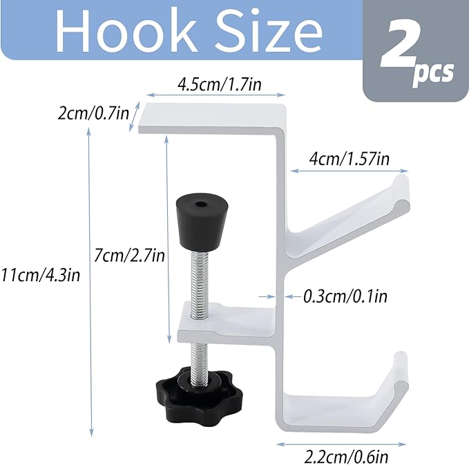 Desk Mount Bag Holder Hook Clamp,On Backpack Hanger Portable Desk Mount Headphones Holder for Reduce Desk Clutter Table Desk Table Hanging Storage (2 Pcs-Double Hook White)