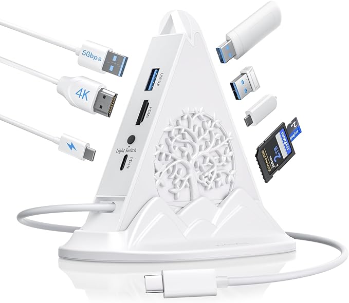 USB C Hub, White 8 in 1 USB C Hub Multiport Adapter with 4K HDMI, 100W Power Charging, 5Gbps Type C 3.0, 3xUSB A 3.0, SD/TF Reader& RGB Lighting, White Dcoking Station for MacBook Air, Laptops(Tree)