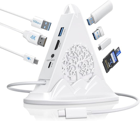USB C Hub, White 8 in 1 USB C Hub Multiport Adapter with 4K HDMI, 100W Power Charging, 5Gbps Type C 3.0, 3xUSB A 3.0, SD/TF Reader& RGB Lighting, White Dcoking Station for MacBook Air, Laptops(Tree)