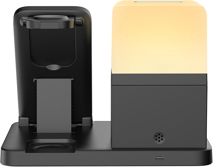 M.A.D LAB Bedside Apple Charging Station & Alarm Clock with Night Lamp ??Wireless Charger Designed for AirPods, AirPods Pro 2 & Apple Watch and Qi-Compatible for iPhone and Android Phone Charger