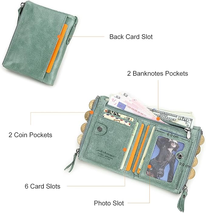 CONTACTS Soft Leather Wallet for Women and Men Small Bifold Coin Purse Double Zipper Card Holder RFID Blocking (Matcha Green)