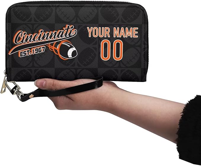 Custom Sports Team Zip Organizer Wallet-Personalized PU Leather Wallet with Name Number,Multi-Card Slots,Wrist Strap,Fan Gift for Men Women.