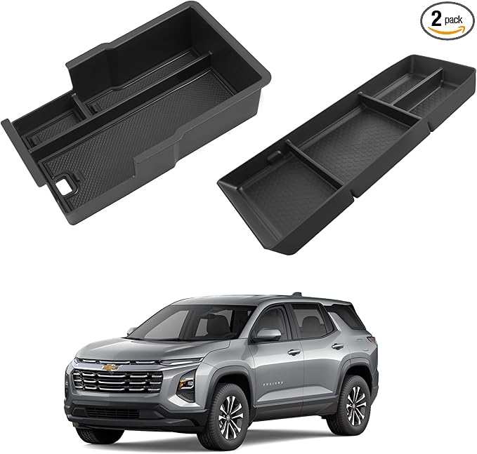2PCS Center Console Organizer for Chevy Equinox 2026 2025 Armrest Insert Storage Tray with Non-Slip Rubber Mat Chevy Equinox Organiser Accessories-Black(Not for Equinox EV)