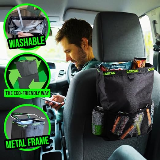 CarCan The Original 3 in 1 Hanging Car Trash Can for Back Seat, Cooler & Storage Bag – Metal Framed, Washable & Reusable Car Trash Bin with 3 Pockets Pack of 10