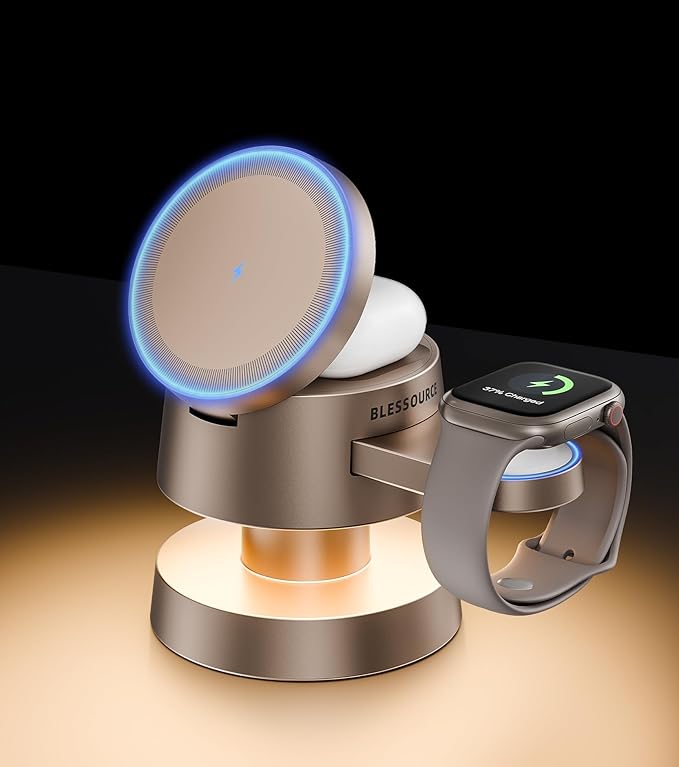 4-in-1 Magnetic Wireless Charging Station for iPhone 17/16/15/14 Pro Max, with Night Light Wireless Charging Station Fast Charging for Apple Watch, Earphones & Multiple Devices