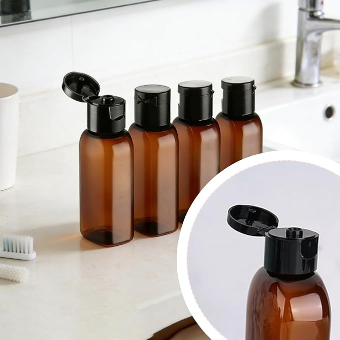 4Pcs 3.4oz/100ml Travel Kit Leak Proof Travel Bottles Toiletries Includes Refillable Squeeze Bottles with Flip Cap Storage Bags and Stickers for Shampoo Conditioner Creams (Brown)