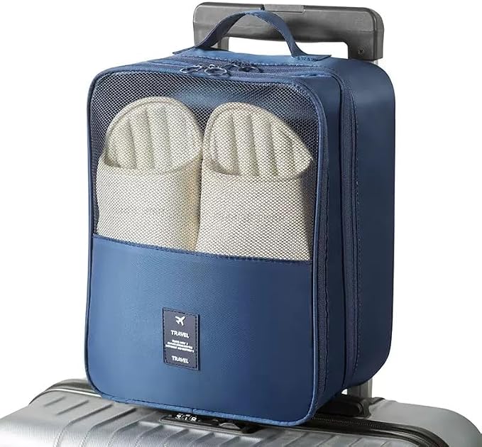 Waterproof Nylon Shoe Bag for Suitcase, Double Layer Portable Shoe Pouch for 3 Shoes, Travel Shoe Storage Bag with Zipper for Men and Women (Navy blue)