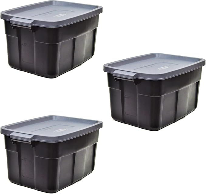 Rubbermaid Garage Storage Bins Black Plastic Stackable Storage with 3-Pack 31 GAL Capacity, Totes for Storage Home Organization Durable - Heavy Duty (31 GAL - 3 Pack Solid Black and Grey)