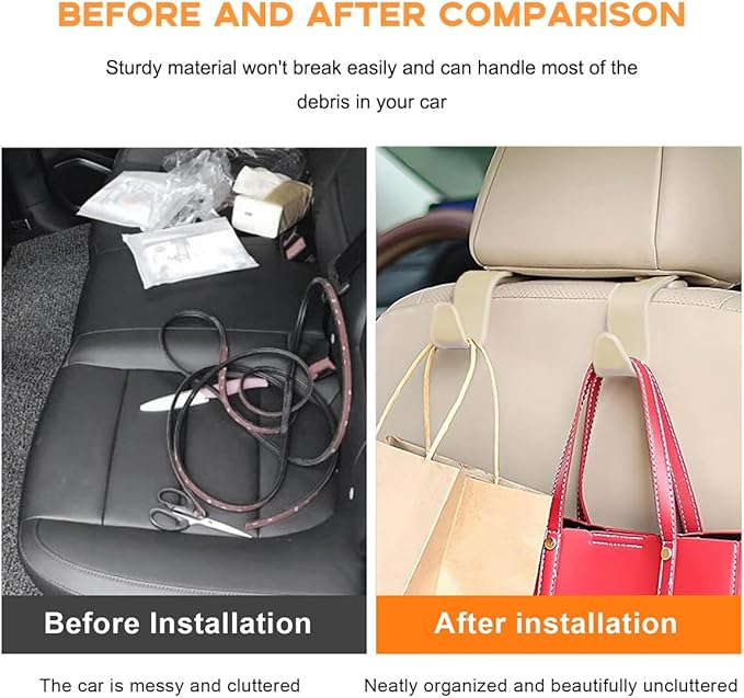 povtii 4PCS Car Seat Headrest Hook, Auto Back Seat Hanging Storage Organizer, Vehicle Seatback Hanger Holder for Purse Handbag Coat Umbrella, Universal Interior Car Accessories (Beige)