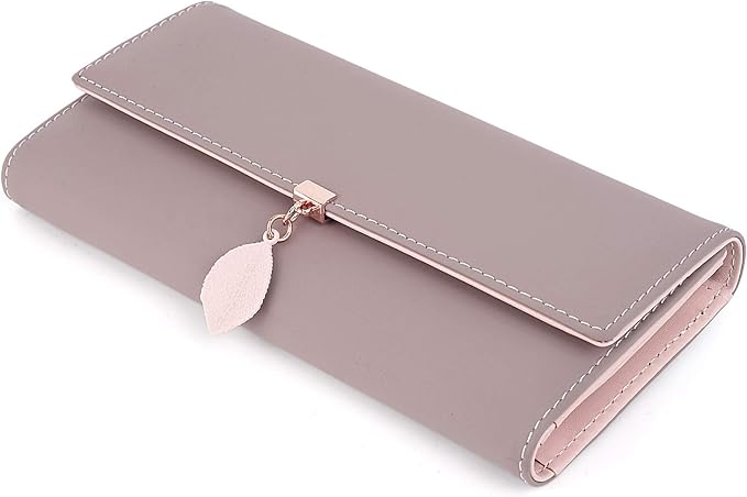 UTO RFID Wallet for Women PU Leather Leaf Pendant Card Holder Phone Checkbook Organizer Zipper Coin Purse | Leaf Pendant