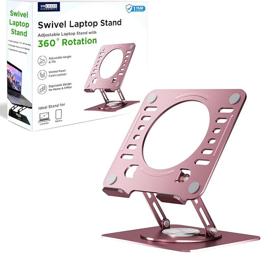 Uncaged Ergonomics Swivel Laptop Stand for Desk, Adjustable Computer iPad Stand for Desk w/ 360 Rotation, Portable Laptop Holder for Home Office Ergonomic Supplies (Rose Gold)