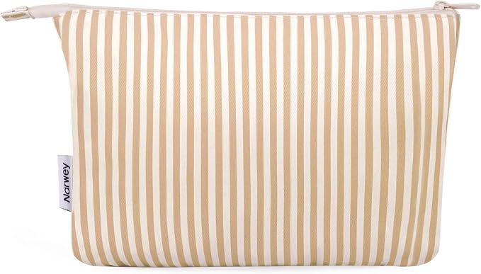 Narwey Small Striped Makeup Bag for Purse Travel Makeup Pouch Cosmetic Bag Zipper Pouch Bags for Women (Brown Stripe)