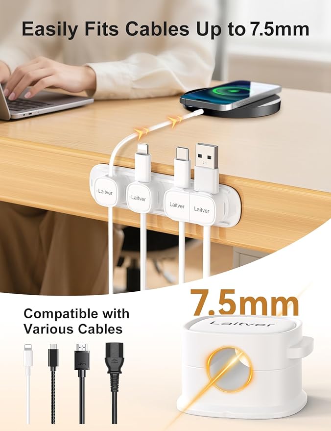 6 Pack Magnetic Cable Clips [1s Open/Lock], Laitver Cord Organizer Holder Strong Adhesive Desk Cable Management- Organize Charging Cords Neatly for Home, Office, Car,Desk, Nightstand