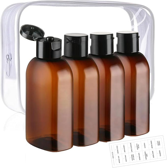 4Pcs 3.4oz/100ml Travel Kit Leak Proof Travel Bottles Toiletries Includes Refillable Squeeze Bottles with Flip Cap Storage Bags and Stickers for Shampoo Conditioner Creams (Brown)