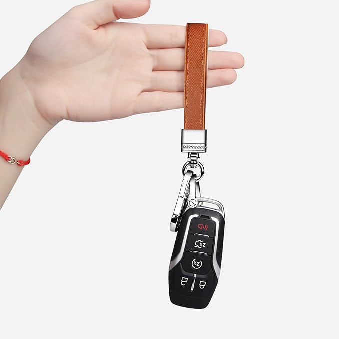 QBUC Genuine Leather Car Keychain,Universal Heavy Duty Metal Key Chain Accessories,Car Fob Key Keychain Holder with 360 Degree Rotatable Snap Swivel and Anti-Lost D-Ring for Men Women(Brown)