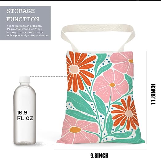 Boho Floral Car Trash Can, Car Trash Bag Hanging, Waterproof Cars Back Seat Hanging Organizer and Storage Trash Bags for Vehicle Travelling Camping