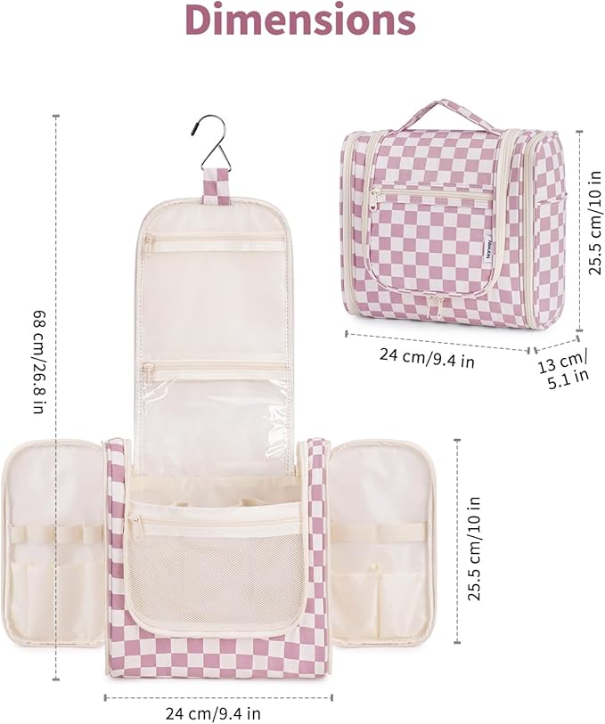 Narwey Checkered Hanging Travel Toiletry Bag for Women, Travel Bag for Toiletries, Makeup Bag Organizer Cosmetic Bags Make Up Bags for Women (Dusty Rose Checkerboard)