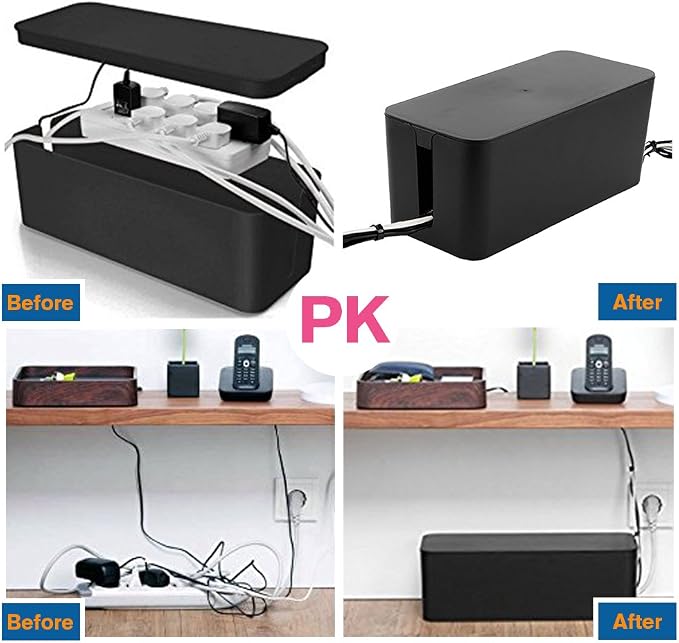 Powerking Cable Management Box, Cable Organizer for Hide and Conceal Power Strips and Electrical Cords,Cord Organizer Made from Safe ABS Material (Small, Black)