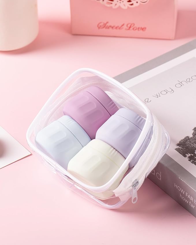 Mrsdry Travel Containers for Toiletries, TSA Approved Travel Size Toiletries 4 Pack, Refillable Containers, With Clear Bag, Leak Proof Silicone Jars, Essentials Creams Jars Carrying Small Items