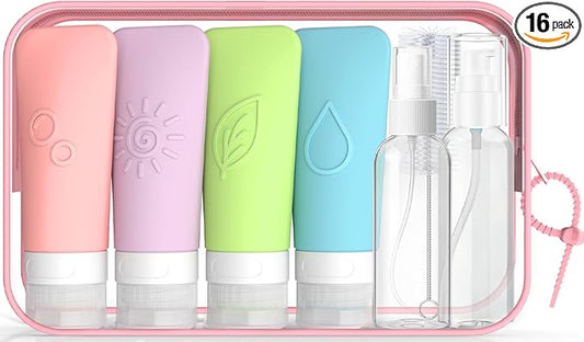 16-Piece Silicone Travel Bottles Set – TSA Approved Leakproof Toiletry Kit with Flat Easy-Squeeze Bottles, Pump & Spray, Waterproof Bag