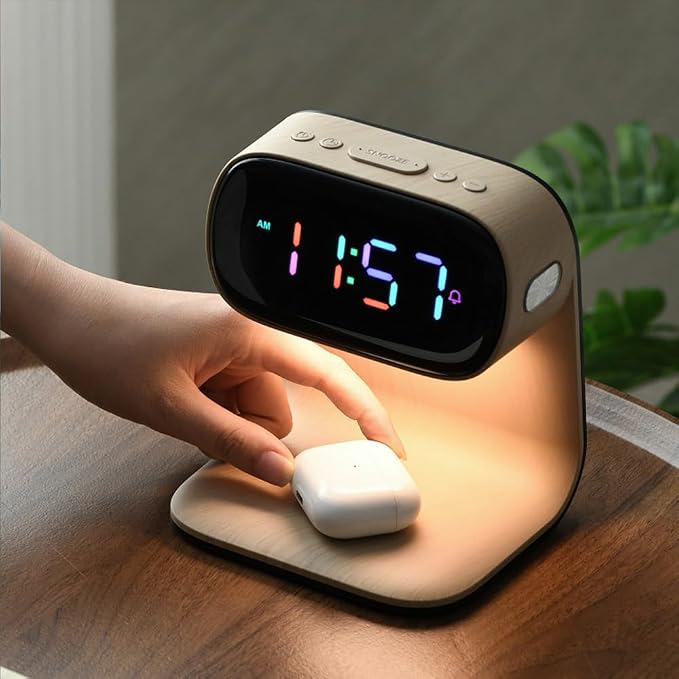AYI 3in1 Large Color Screen Wireless Charging Station with Alarm Clock & Night Light 15W Fast Charger for Phone & Earbuds 7-Color LED Display Dual Alarm 3Level Dimmable Touch Lamp Wood A40