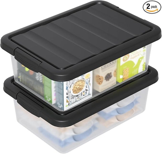 14 L Clear Storage Box with Black Lid, Plastic Stackable Container Organizer, Medium-14 Quart, 2 Packs