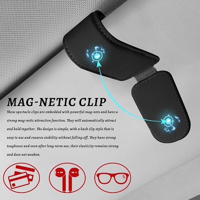 Sunglass Holder for Car, Car Sunglass Holder, Magnetic Leather Sunglasses Holder and Ticket Card Clip, Auto Multi-Functional Sun Visor Eyeglass Holders for SUV Pickup Truck (Black)