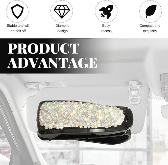 Wevdn 2 PCS Car Sun Visor Glasses Holder, Fashion Bling Car Eyeglasses Sunglasses Hanger for Women Girls, Glasses Holder Clip Hanger Mount with Ticket Card Clip, Car Accessories (AB)