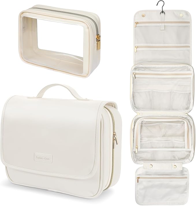 PACKISM Hanging Travel Toiletry Bag - with Clear Makeup Bag, Large Beige | Wide Open Access, Hanging Hook, Detachable Pouch, Large Compartments, Waterproof Surface, Cruise Bathroom Travel Storage