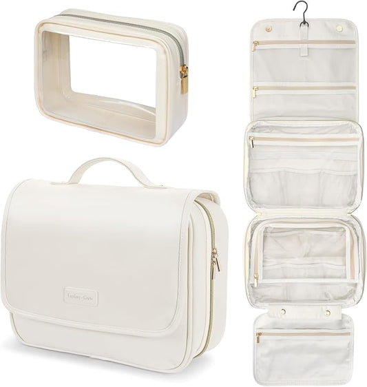 PACKISM Hanging Travel Toiletry Bag - with Clear Makeup Bag, Large Beige | Wide Open Access, Hanging Hook, Detachable Pouch, Large Compartments, Waterproof Surface, Cruise Bathroom Travel Storage