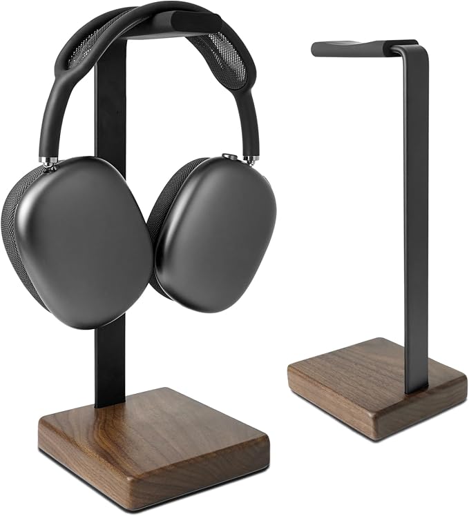 GEVO Headphone Stand Headset Holder - Headset Metal Mount Rack for Desk with Walnut Wooden Square Base for Gaming, AirPod Max, Bose, Sony, Razer, Jabra, JBL