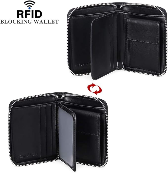 FALAN MULE Wallets For Men Genuine Leather Short RFID Blocking Zip-around Bifold Wallet（Black）