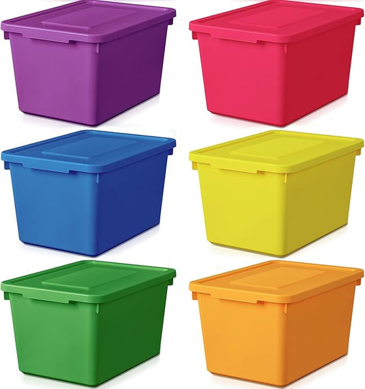 Potchen 6 Pack Cute Plastic Storage Bins with Lids Decorative Stackable Storage Boxes 9.8" ×7.3" ×5.7" Small Storing Totes for Organizing Craft Office Supplies (Colorful)