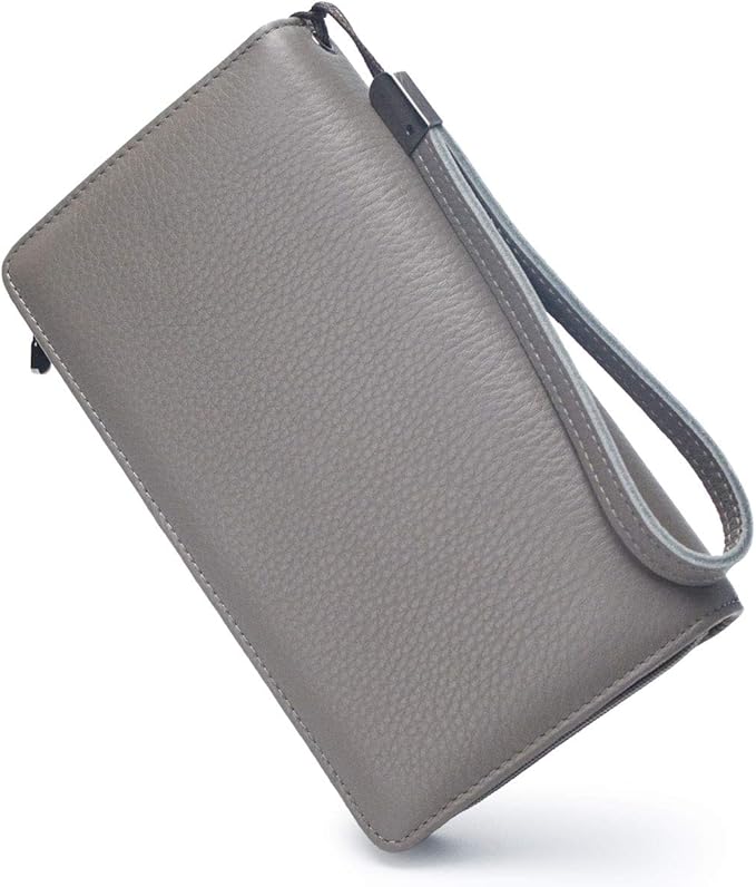 Bveyzi Women's Big Fat Rfid Leather Wristlet Wallet Organizer Large Phone Checkbook Holder with Zipper Pocket (Grey)