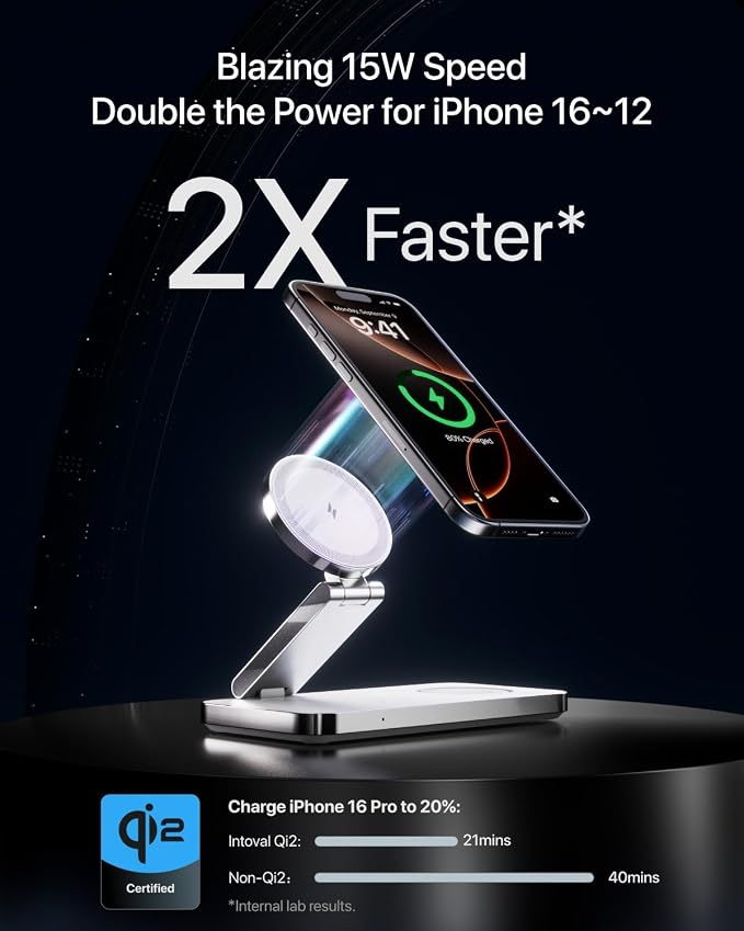 Intoval 3-in-1 Foldable Wireless Charging Station, Qi2 Certified 15W Ultra Fast Wireless Charger for Magsafe, Magnetic Charger Stand for iPhone 17/16/15/14/13/12, Apple Watch & AirPods.(White)