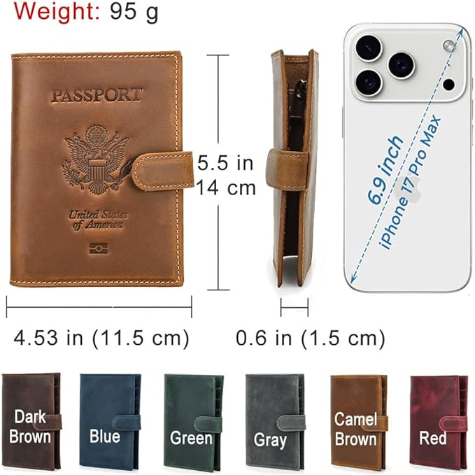 CONTACTS Full Grain Leather Passport Holder RFID Blocking Passport Wallet Compatible with Airtag Travel Passport Cover with SIM Card Removal Tool (Badge, Camel Brown)