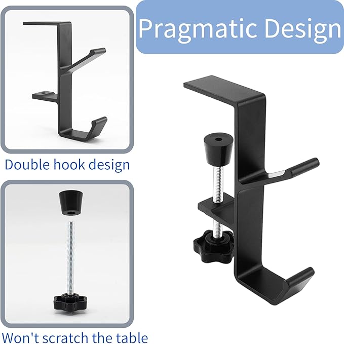 Desk Mount Bag Holder Hook Clamp,On Backpack Hanger Portable Desk Mount Headphones Holder for Reduce Desk Clutter Table Desk Table Hanging Storage(2 Pcs-Double Hook Black)