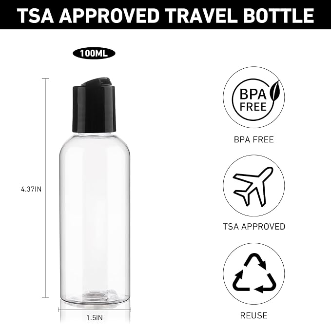 20 Pack 3.4 oz Travel Bottles for Toiletries TSA Approved Leak Proof Travel Size Containers Plastic Empty Shampoo Bottles with Labels Squeeze Bottle Toiletry Essentials Accessories(Clear)