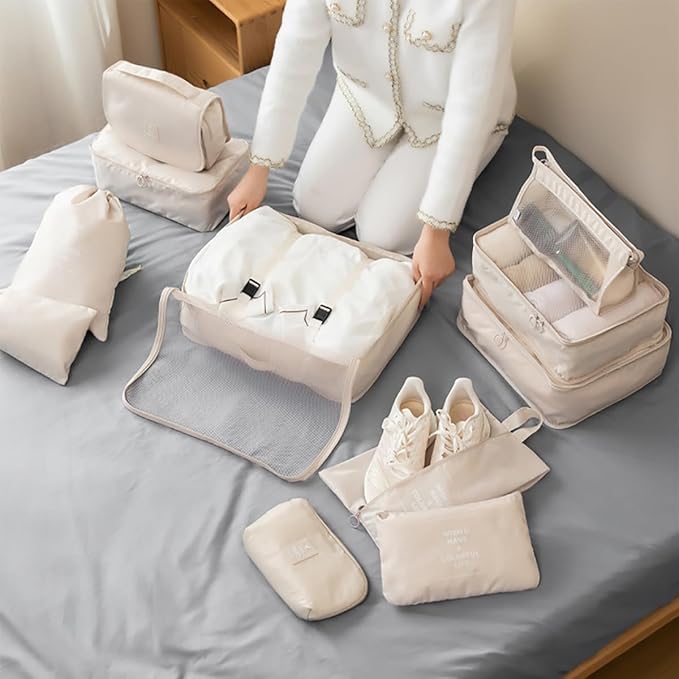 Packing Cubes for Travel - 7 Set Luggage Organizer Bags for Family, Mesh Breathable Travel Packing Cubes for Suitcases Durable Essentials Bags Set with Large Toiletries Bag(Beige)