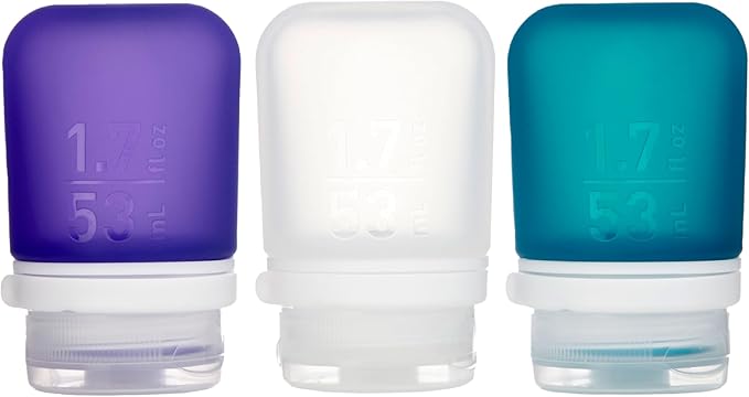 humangear GoToob+ Bottles - Silicone Leak-Proof Travel Tubes for Toiletries, Camping & TSA Carry-On (3-Pack), Small (1.7 fl oz; 53ml), Clear/Purple/Teal