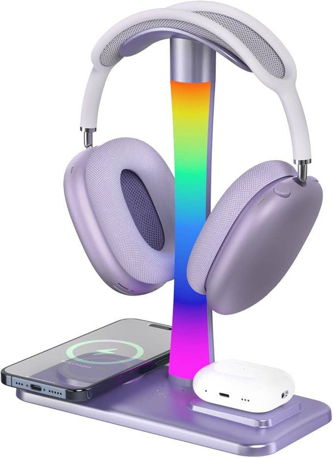 Headphone Stand with Wireless Charger,Gaming Headset stand with RGB Light,For Airpod Max Stand Compatible with Airpod Pro/3/2,For iPhone 17/16/15/14/13/12/11,Gifts for Gamers & Music Lover (Purple)
