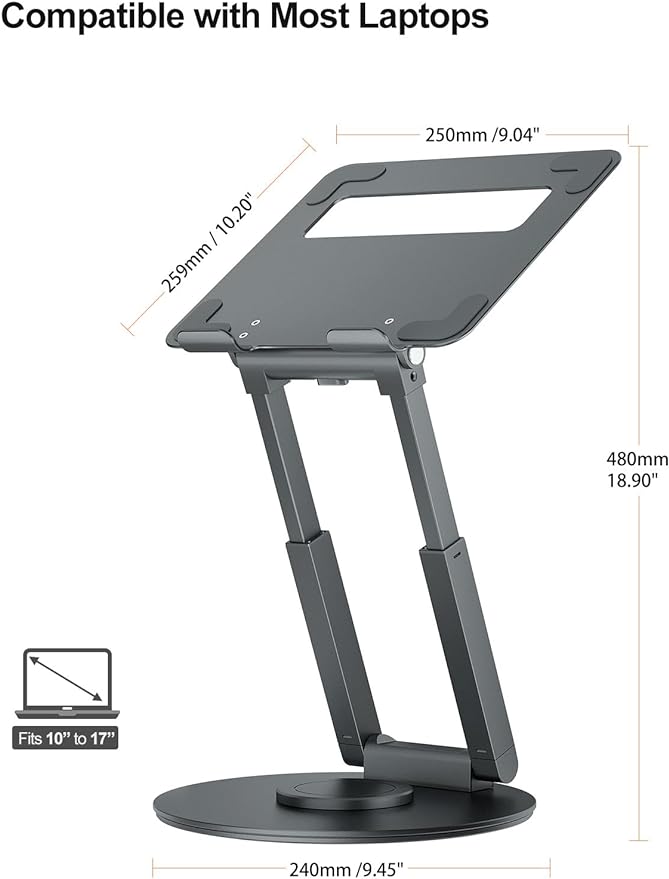 tounee Telescopic Laptop Stand for Desk with 360° Swivel Base, Sit to Stand, Height Adjustable, Portable Riser Holder for Good Posture, Compatible with MacBook Pro, All Laptops 10-17"-Gray