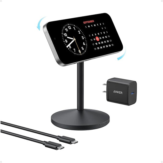 Anker MagGo iPhone 17 MagSafe Charger Compatible Stand, 15W Fast Magnetic Wireless Charging Station, Qi2 Certified 360° Wireless Charge (Black, with Cable & Adapter)