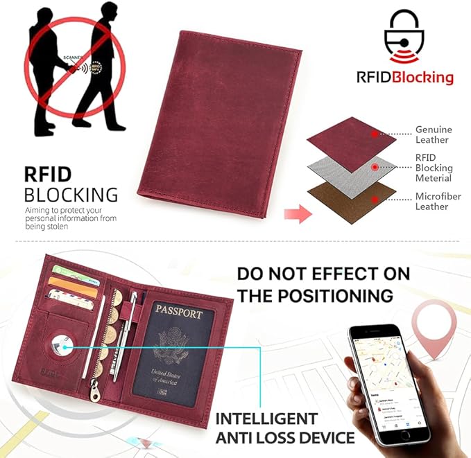 CONTACTS Full Grain Leather Passport Holder RFID Blocking Travel Passport Wallet Compatible with Airtag Passport Cover Case with 4 Cards Slots, Coin Pocket (Wine Red)