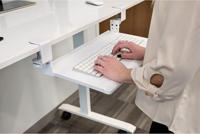 Stand Up Desk Store Large Clamp-On Retractable Adjustable Keyboard Tray | Improve Comfort While Increasing Desk Space - for Desktops Up to 1.5" Thick (33" W x 12.25" D) (White) (Large)
